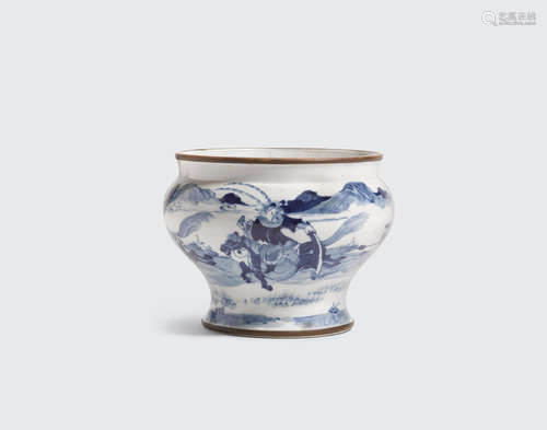 Transitional to Kangxi period A blue and white container with figure decoration