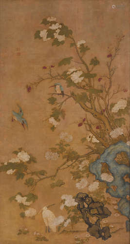 Two large paintings of Flowers, Birds and Rockwork Anonymous (Qing dynasty)