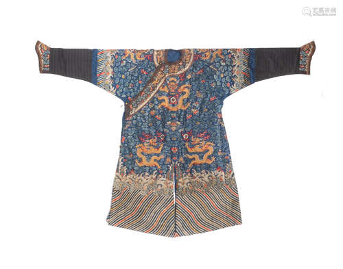 19th century A blue silk ground embroidered dragon robe