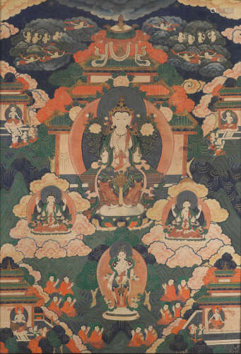Tibet, before 1949 A thangka of maitreya in Tushita heaven