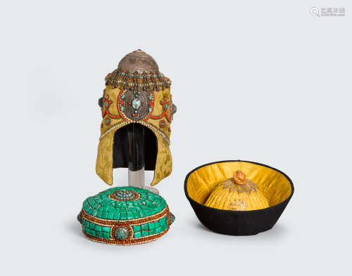 A group of three Himalayan head coverings with applied decoration