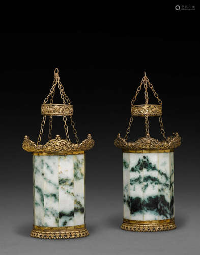 Republic period A pair of jadeite-mounted gilt metal lamp shades