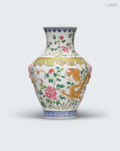 Qianlong mark, Republic period A famille rose and gilt-decorated dragon and phoenix vase