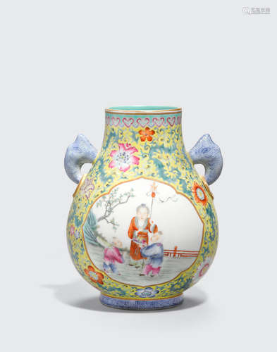 Qianlong mark, 20th century A yellow ground hu-form vase with elephant head handles