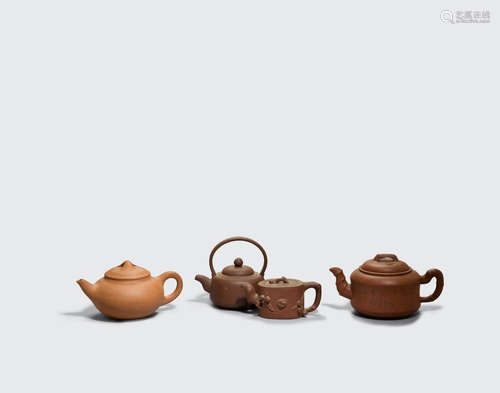 A group of four incised and molded Yixing teapots