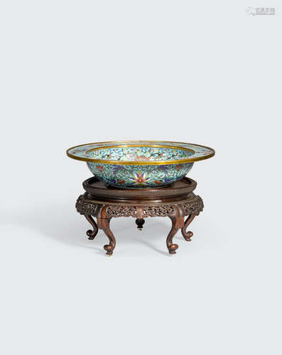 20th century A small cloisonné enameled basin and a pieced wood stand