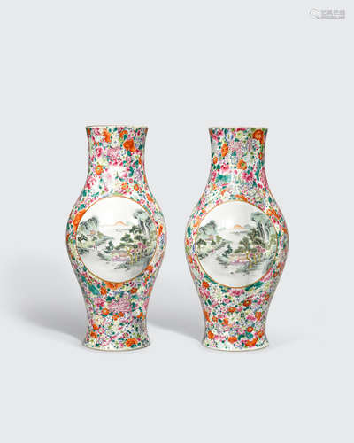 Qianlong marks A pair of baluster vases with mille-fleurs decoration