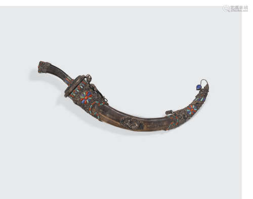 A Mongolian-style metal sword with silver-mounted horn sheath