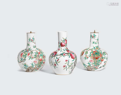 20th century A group of three famille rose 'Nine Peaches' Vases, tianshouping