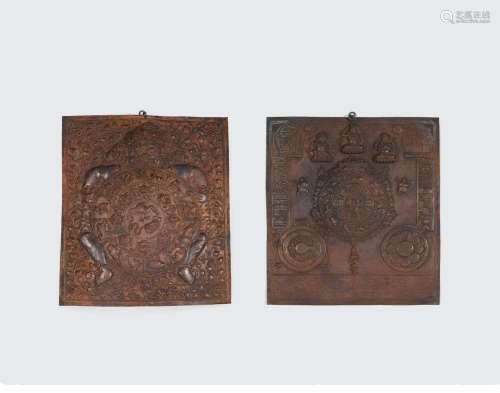 Two metal alloy repoussé plaques of Bhavacakra and Sipa Ho
