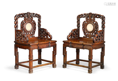 Republic Period A pair of hongmu marble inlaid armchairs