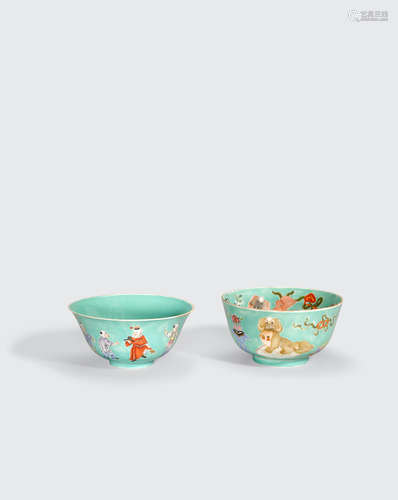 Jiaqing marks, late Qing/Republic Period Two Turquoise ground bowls with famille rose decoration