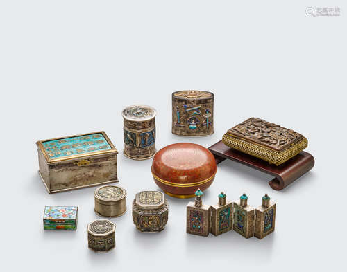 A group of enameled metal containers