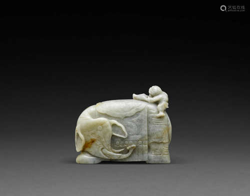 19th century A jade carving of an elephant and boy