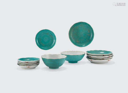 Daoguang marks, Republic period A turquoise enameled partial dinner set with white slip decoration