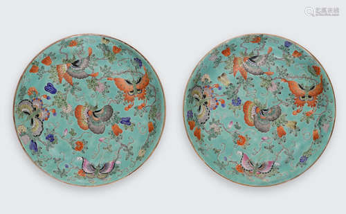 Jiaqing marks, Republic period A pair of turquoise ground deep plates with famille rose butterflies and gourd vines