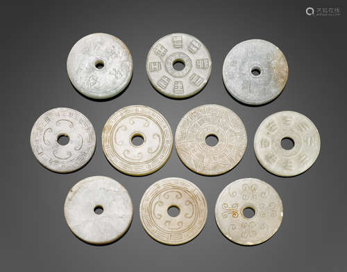 A group of ten jade and hardstone bi disks