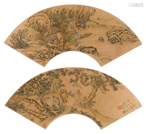 Two folding fan leaves of Figures in Landscape After Zhu Shiying (19th/20th century)