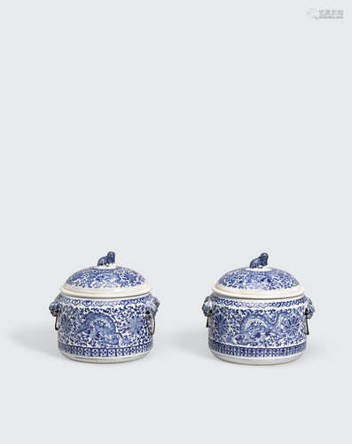 Guangxu marks, Republic period A pair of blue and white covered food serving jars with liners