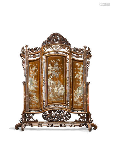 20th century, Probably Vietnam A mother-of-pearl inlaid three-panel screen