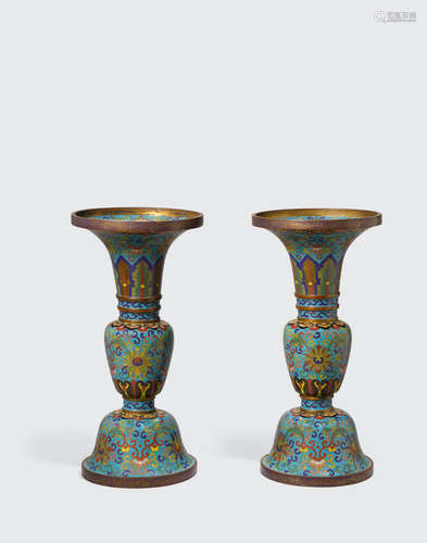 20th century A pair of cloisonné gu-form vases