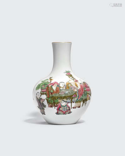 Daoguang mark, 20th century A famille rose stick-neck vase with figural design