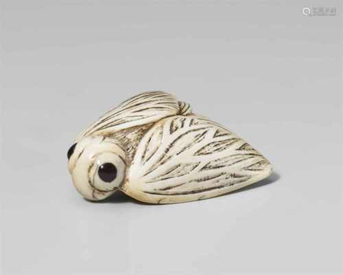 A rare ivory netsuke of a moth, by Shôsai. Early 20th centuryOf triangular shape, the wings covering