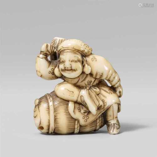 A fine Edo school walrus tusk netsuke of Daikoku, by Shô…sai. Mid-19th centurySitting with one leg