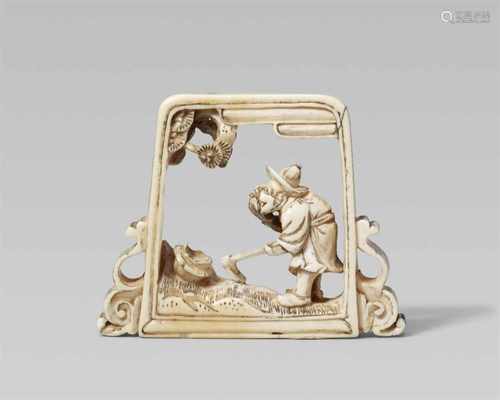 An interesting ivory netsuke of a Kakkyô. 19th centuryCarved in openwork within the frame of a