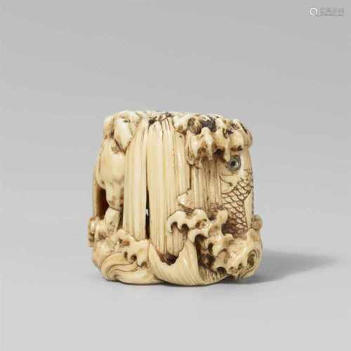 A good ivory netsuke of a carp leaping up a waterfall, by Masatoshi. Mid-19th centuryAscending