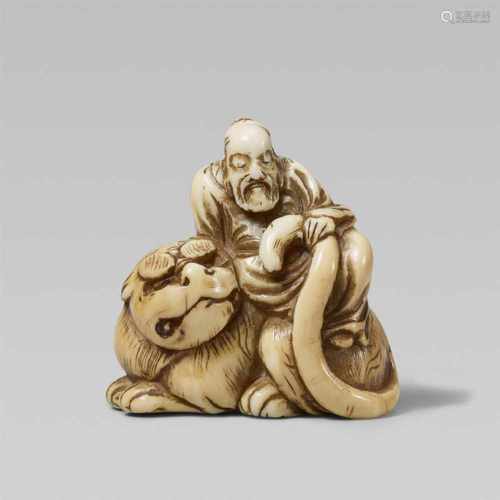 A small ivory netsuke possibly of Bunkan Zenshi. Early 19th centuryWith eyes closed and seated at