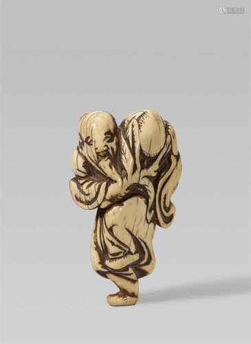 An ivory netsuke of a bearded Tôbôsaku Sennin. Late 18th centuryThe bearded sennin stands in balance