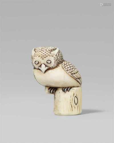 A rare walrus tusk netsuke of an owl. 19th centuryPerched on a short tree trunk with a short