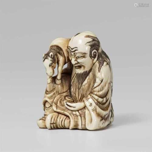 An ivory netsuke of Chôkarô Sennin. First half 19th centuryThe long-haired and bearded sennin sits