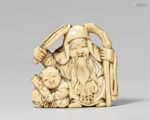 An ivory netsuke of a laughing Fukurokuju with a karako. Mid-19th centuryStanding with a staff and a