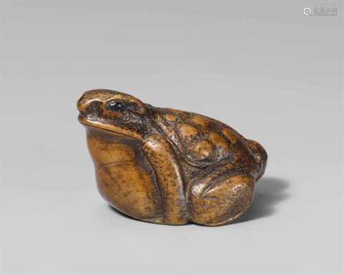 A boxwood netsuke of a toad. Mid-19th centurySquatting in typical pose with head turned to the left.