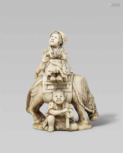 An ivory netsuke of a resting peasant woman. Mid-19th centurySitting on a saddled horse smoking a