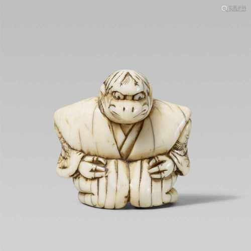 An ivory netsuke of tengu. Early 19th centuryThe crow-headed tengu sits in kamishimo with his claw