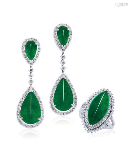 缅甸天然满绿翡翠配钻石戒指及耳环套装