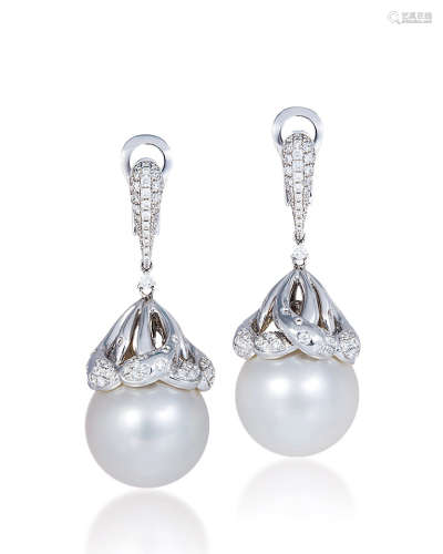 白色南洋珍珠配钻石耳环 约16.03mm