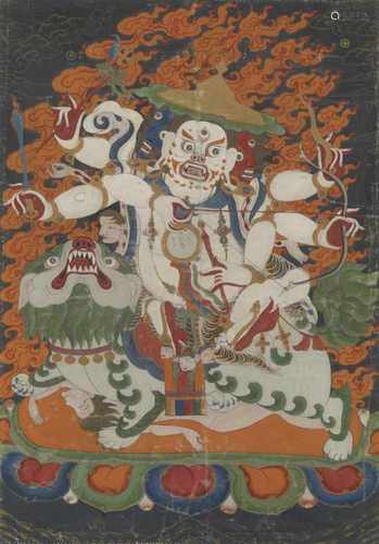 Schwarzgrundiges thangka des Pehar. Sinotibetisch. 19. Jh.Der dreigesichtige Schutzgott aller