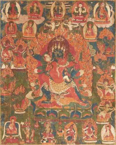 Thangka des Vajrapani. Tibet. 19. Jh.Der Beschützer des dharma steht in der Kriegerpose im