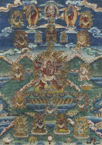 Thangka des Heruka. Tibet. Um 1900Der furchterregende yidam mit drei Gesichtern, sechs Armen und