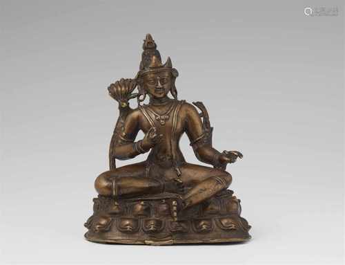 Figur eines bodhisattva. Bronze. Kaschmir oder Ladakh. 13./14. Jh.Der bodhisattva sitzt in