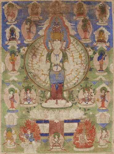 Thangka des elfköpfigen und tausendarmigen Avalokiteshvara. Tibet. Um 1900Der bodhisattva der