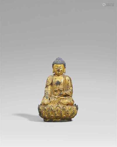 Buddha Shakyamuni. Bronze mit vergoldeter Lackfassung. Ming-ZeitIm Meditationssitz auf einem