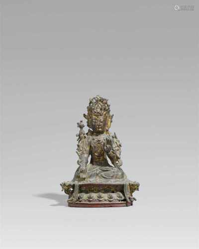 Guanyin. Bronze mit Resten einer vergoldeten Lackfassung. Ming-ZeitIm Meditationssitz auf einem