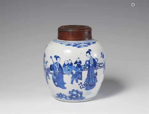 Blau-weißer Ingwertopf. Kangxi-Periode (1662-1722)Eiförmiger Topf, dekoriert in Unterglasurblau