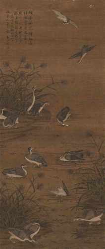 Nach Lu Zhi . Qing-Zeit, 19. Jh.Wildgänse. Hängerolle. Tusche und Farben auf Seide. Aufschrift,