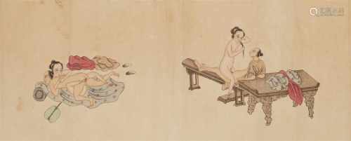 Anonymer Maler . Späte Qing-ZeitZwölf erotische Darstellungen. Querrolle. Tusche und Farben auf